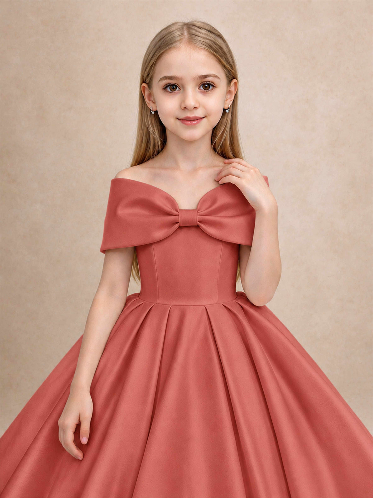 Off Shoulder Satin Flower Girl Dress with Bow Floor Length Princess Gown for Wedding First Communion