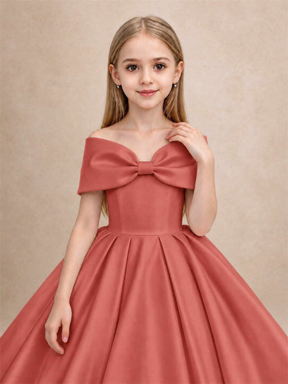 Off Shoulder Satin Flower Girl Dress with Bow Floor Length Princess Gown for Wedding First Communion
