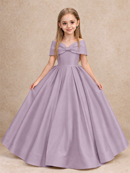 Off Shoulder Satin Flower Girl Dress with Bow Floor Length Princess Gown for Wedding First Communion