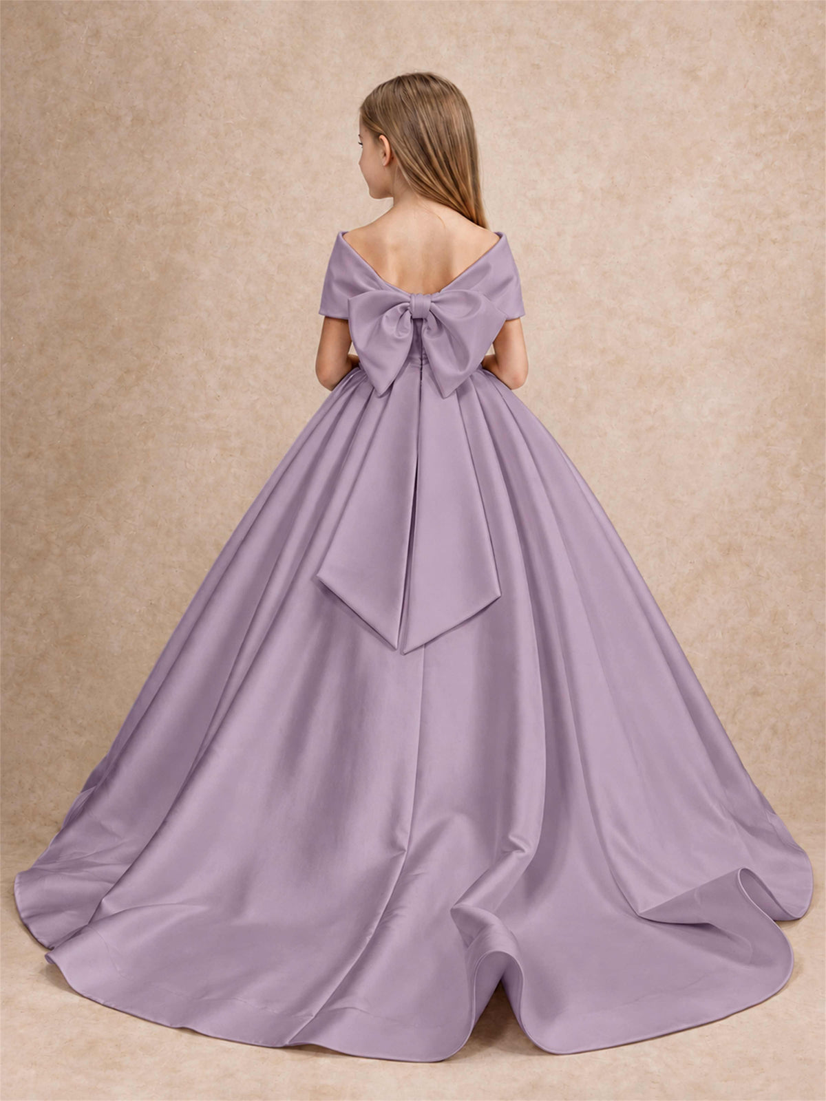 Off Shoulder Satin Flower Girl Dress with Bow Floor Length Princess Gown for Wedding First Communion