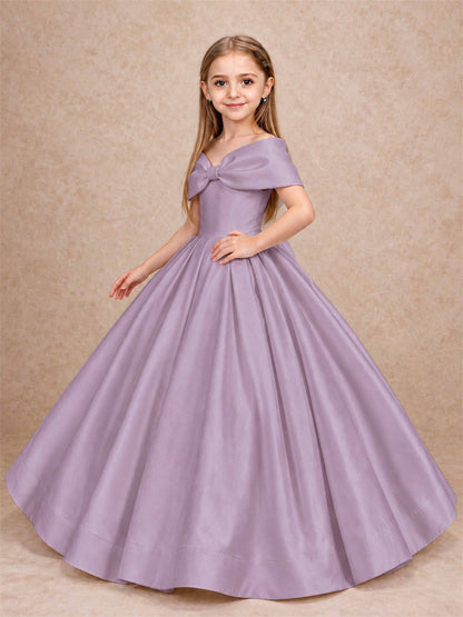 Off Shoulder Satin Flower Girl Dress with Bow Floor Length Princess Gown for Wedding First Communion