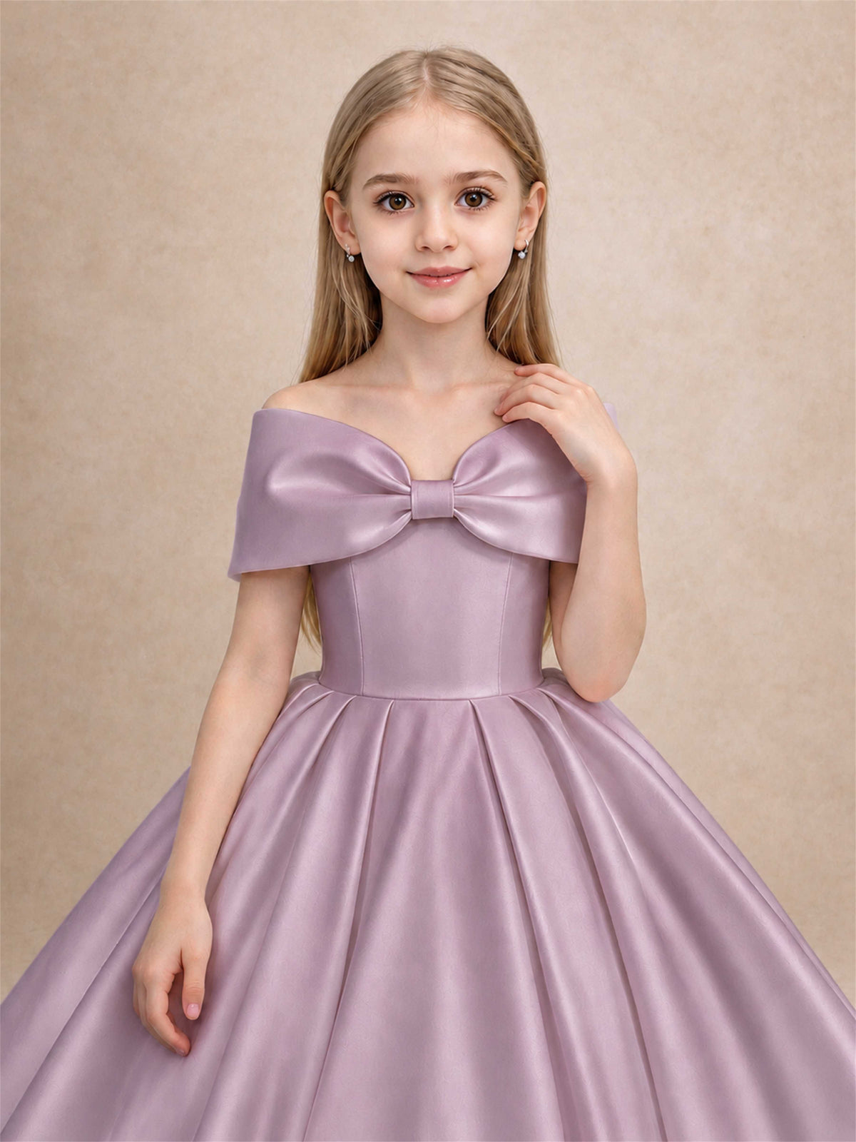 Off Shoulder Satin Flower Girl Dress with Bow Floor Length Princess Gown for Wedding First Communion