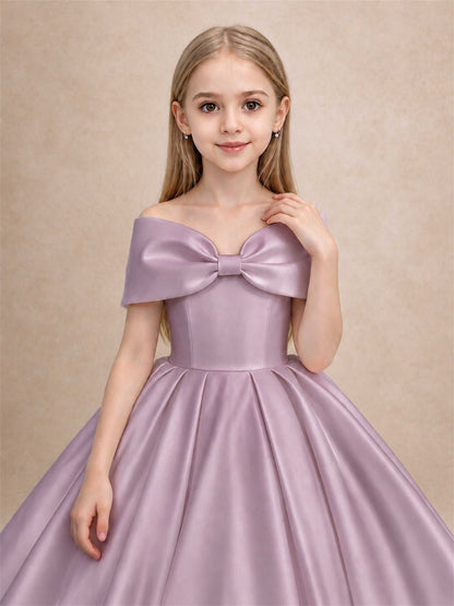 Off Shoulder Satin Flower Girl Dress with Bow Floor Length Princess Gown for Wedding First Communion