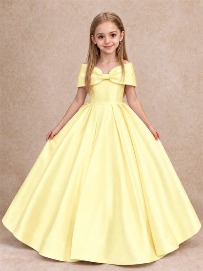 Off Shoulder Satin Flower Girl Dress with Bow Floor Length Princess Gown for Wedding First Communion