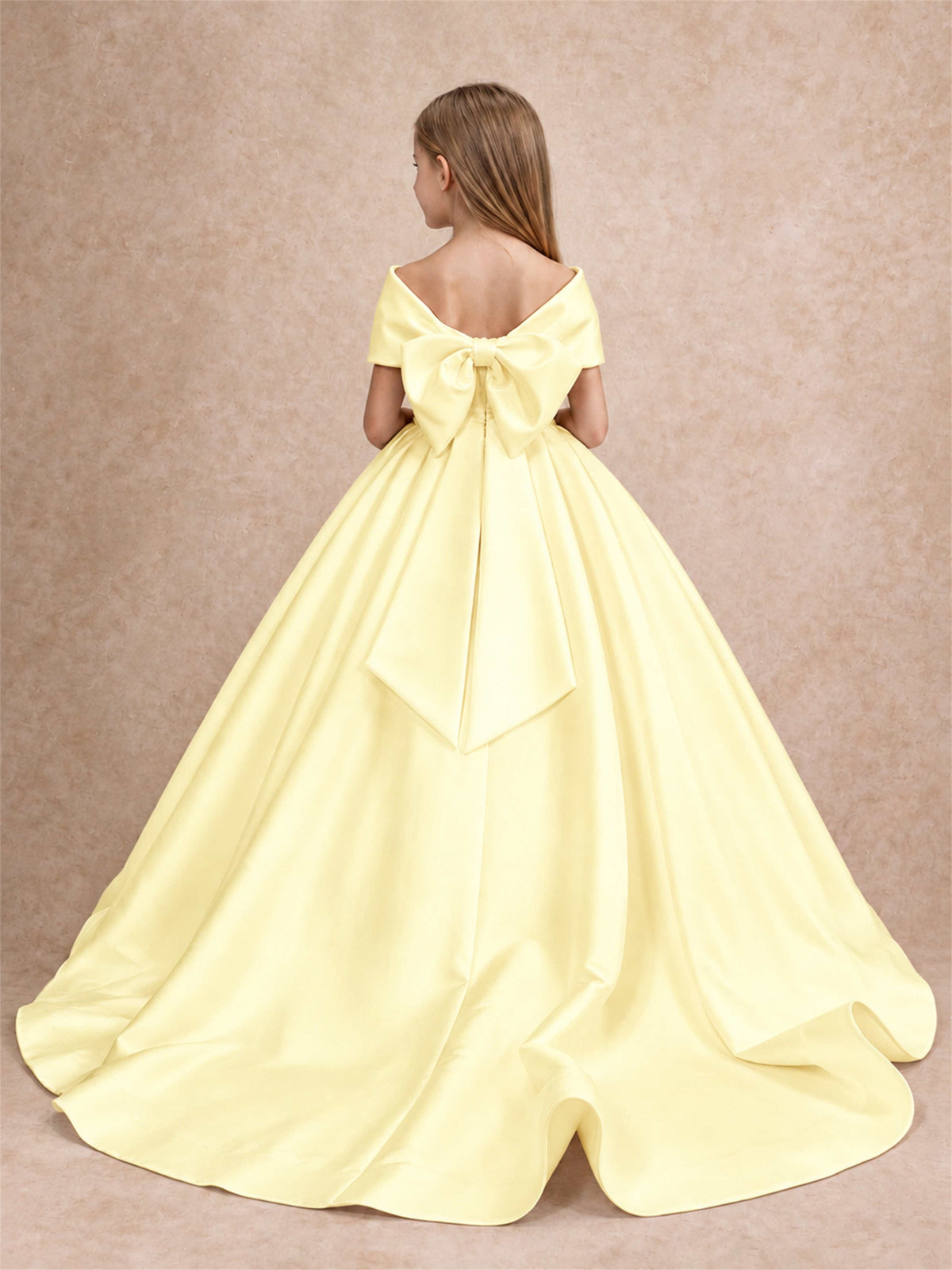 Off Shoulder Satin Flower Girl Dress with Bow Floor Length Princess Gown for Wedding First Communion