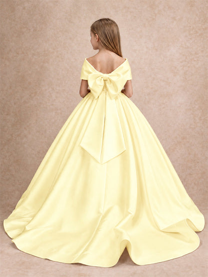 Off Shoulder Satin Flower Girl Dress with Bow Floor Length Princess Gown for Wedding First Communion