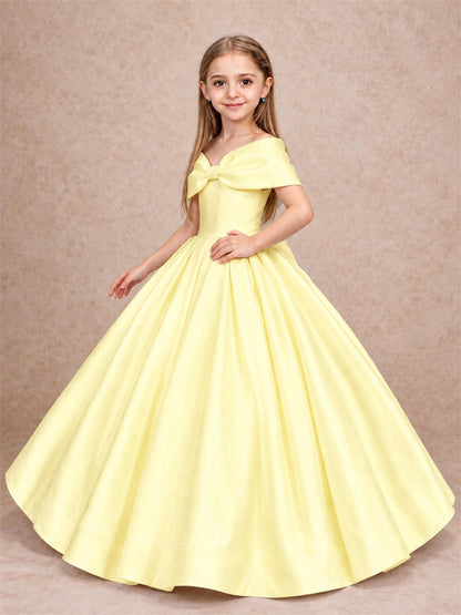 Off Shoulder Satin Flower Girl Dress with Bow Floor Length Princess Gown for Wedding First Communion