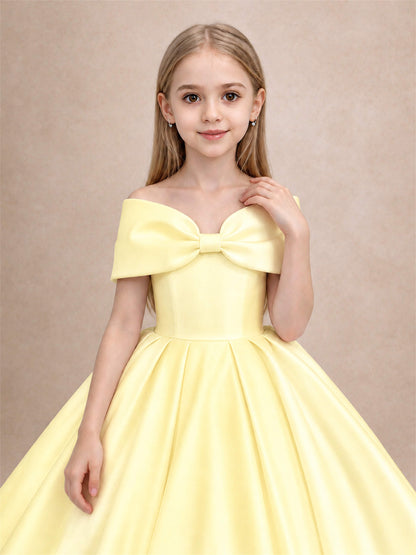 Off Shoulder Satin Flower Girl Dress with Bow Floor Length Princess Gown for Wedding First Communion
