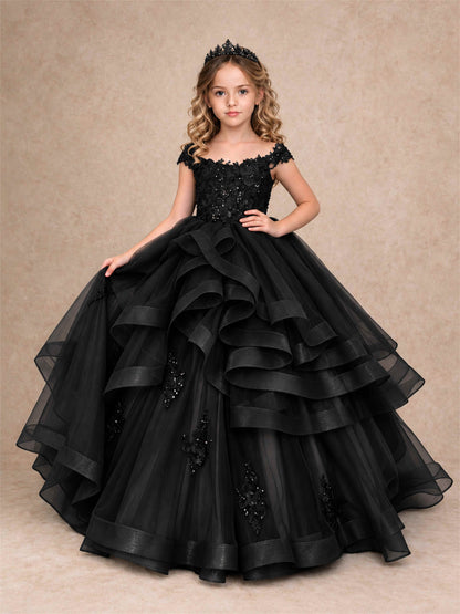Off Shoulder Sequin Lace Ruffled Tulle Girls Pageant Dresses Formal Wedding Princess Gown