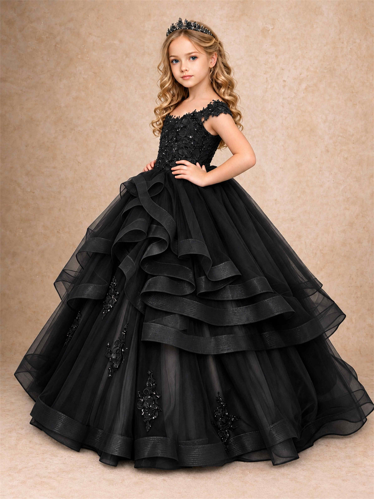 Off Shoulder Sequin Lace Ruffled Tulle Girls Pageant Dresses Formal Wedding Princess Gown