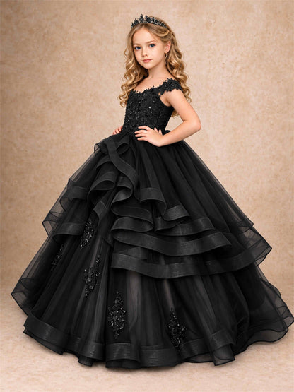 Off Shoulder Sequin Lace Ruffled Tulle Girls Pageant Dresses Formal Wedding Princess Gown