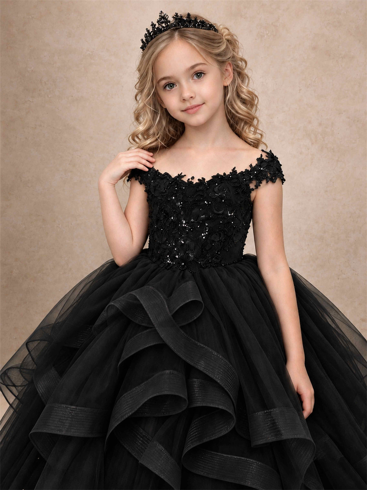 Off Shoulder Sequin Lace Ruffled Tulle Girls Pageant Dresses Formal Wedding Princess Gown