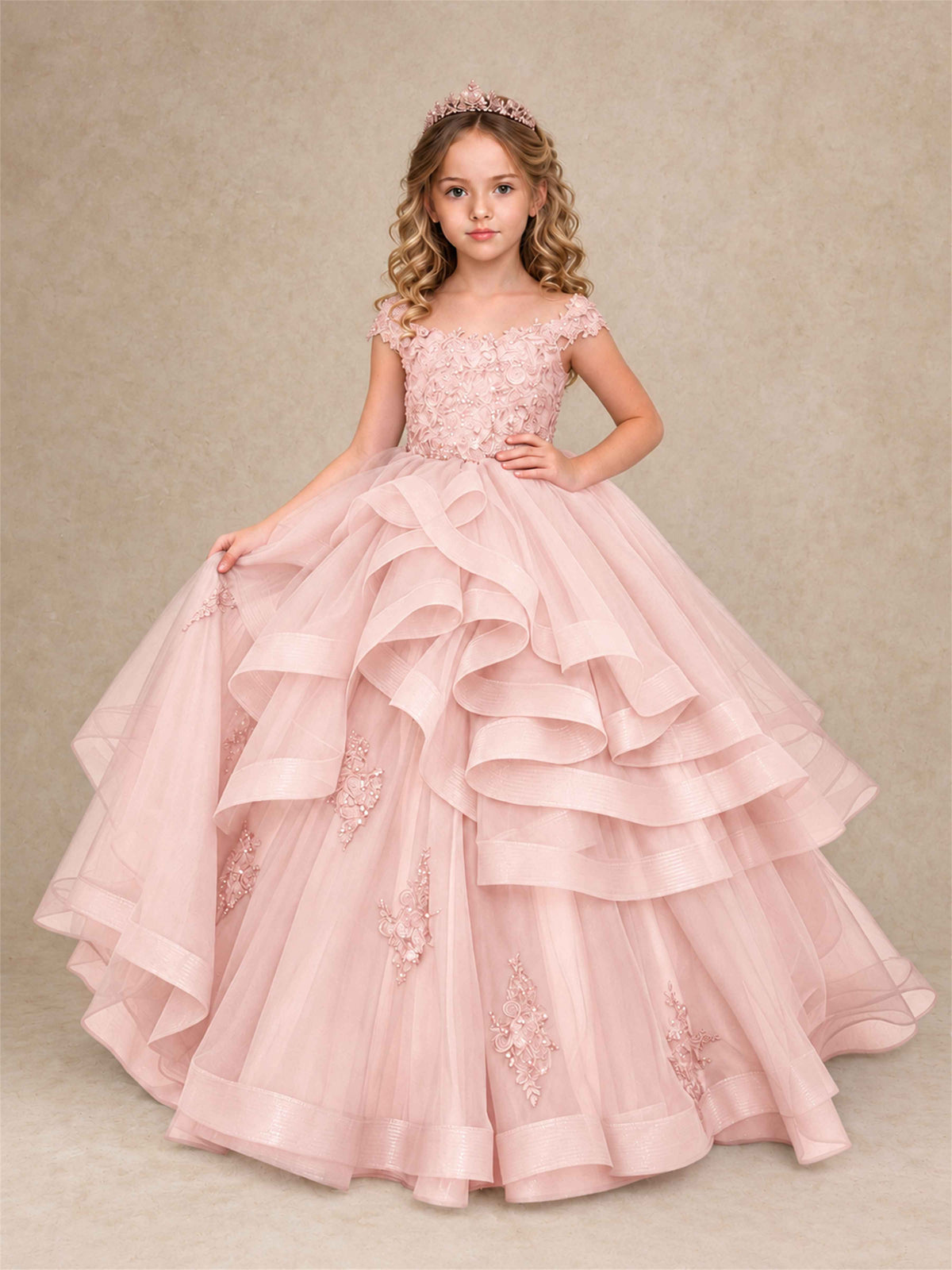 Off Shoulder Sequin Lace Ruffled Tulle Girls Pageant Dresses Formal Wedding Princess Gown