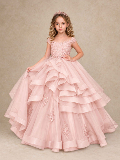 Off Shoulder Sequin Lace Ruffled Tulle Girls Pageant Dresses Formal Wedding Princess Gown