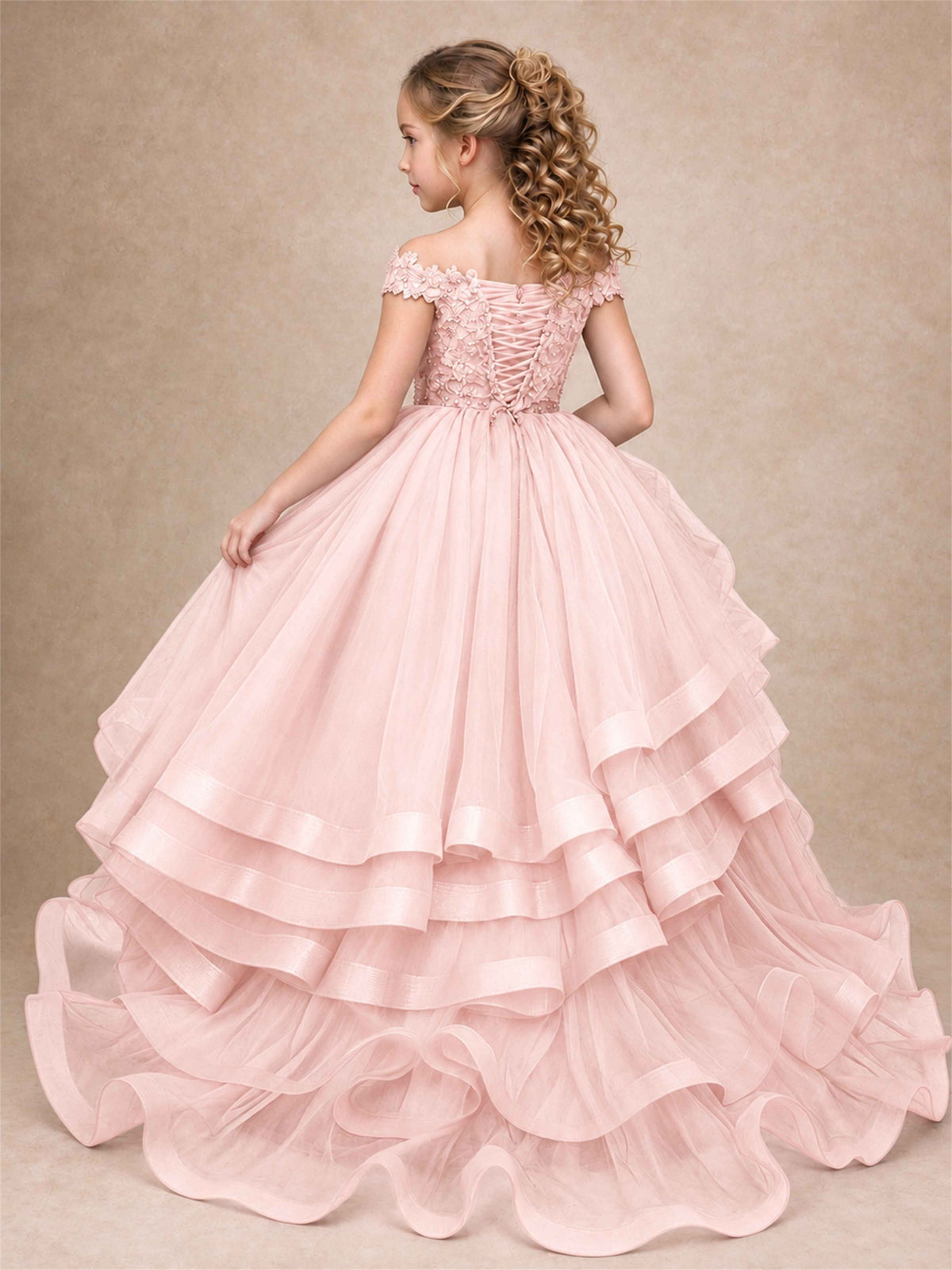 Off Shoulder Sequin Lace Ruffled Tulle Girls Pageant Dresses Formal Wedding Princess Gown