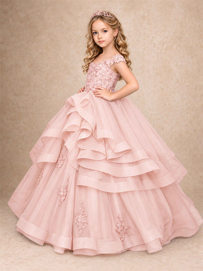 Off Shoulder Sequin Lace Ruffled Tulle Girls Pageant Dresses Formal Wedding Princess Gown