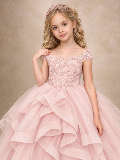 Off Shoulder Sequin Lace Ruffled Tulle Girls Pageant Dresses Formal Wedding Princess Gown