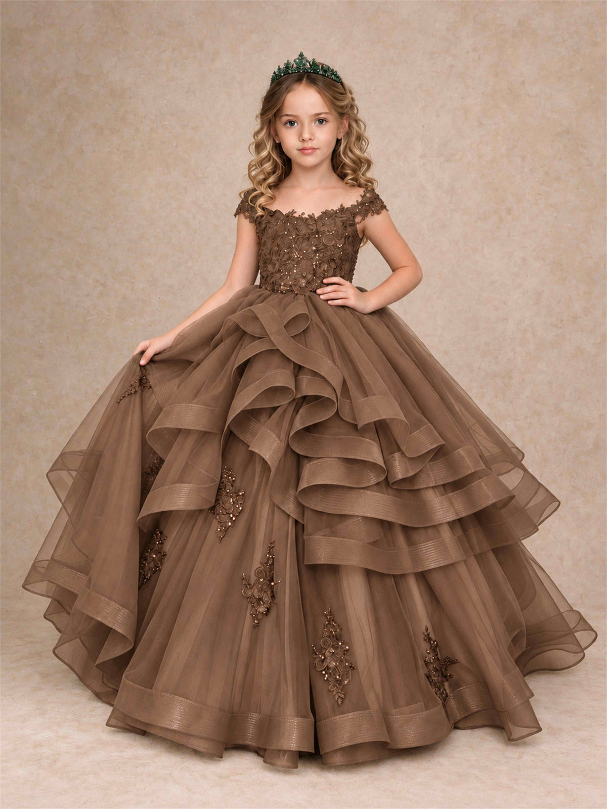 Off Shoulder Sequin Lace Ruffled Tulle Girls Pageant Dresses Formal Wedding Princess Gown