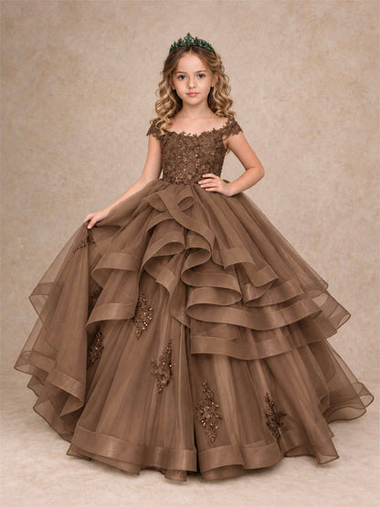 Off Shoulder Sequin Lace Ruffled Tulle Girls Pageant Dresses Formal Wedding Princess Gown