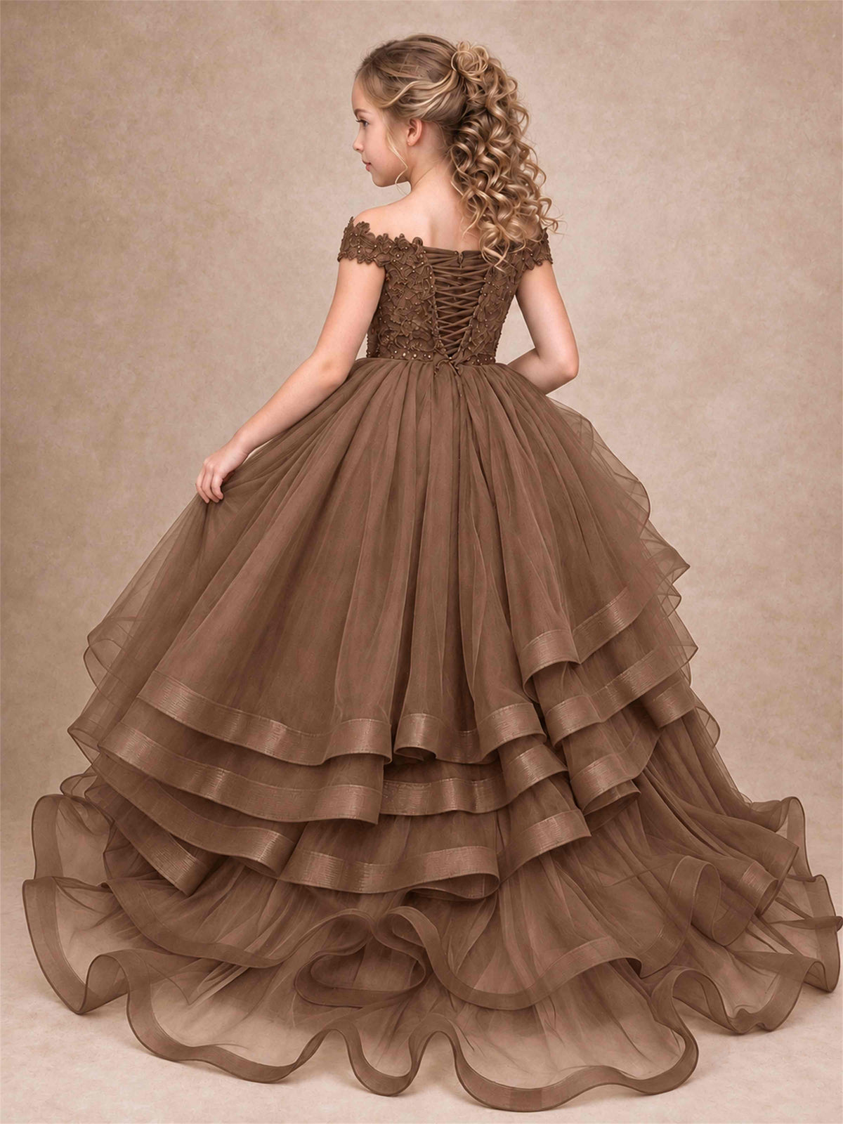 Off Shoulder Sequin Lace Ruffled Tulle Girls Pageant Dresses Formal Wedding Princess Gown