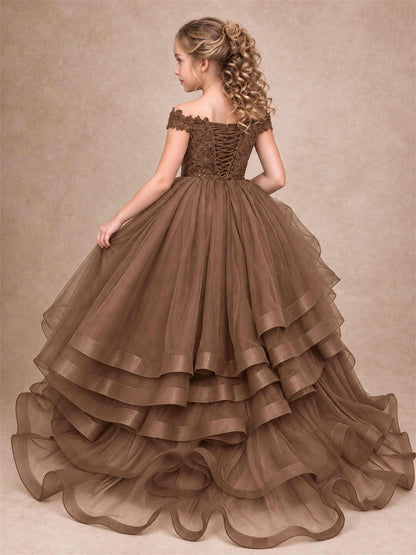Off Shoulder Sequin Lace Ruffled Tulle Girls Pageant Dresses Formal Wedding Princess Gown