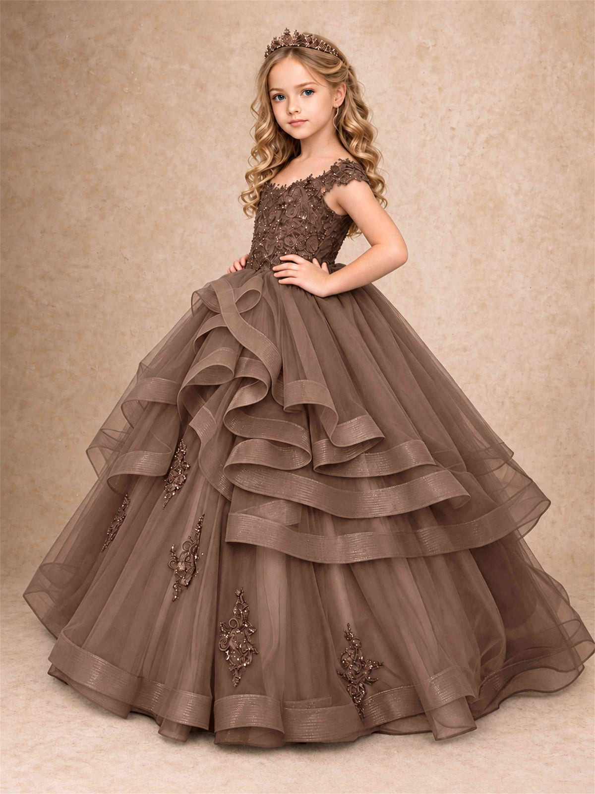 Off Shoulder Sequin Lace Ruffled Tulle Girls Pageant Dresses Formal Wedding Princess Gown