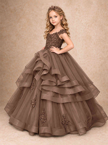 Off Shoulder Sequin Lace Ruffled Tulle Girls Pageant Dresses Formal Wedding Princess Gown