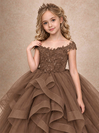 Off Shoulder Sequin Lace Ruffled Tulle Girls Pageant Dresses Formal Wedding Princess Gown