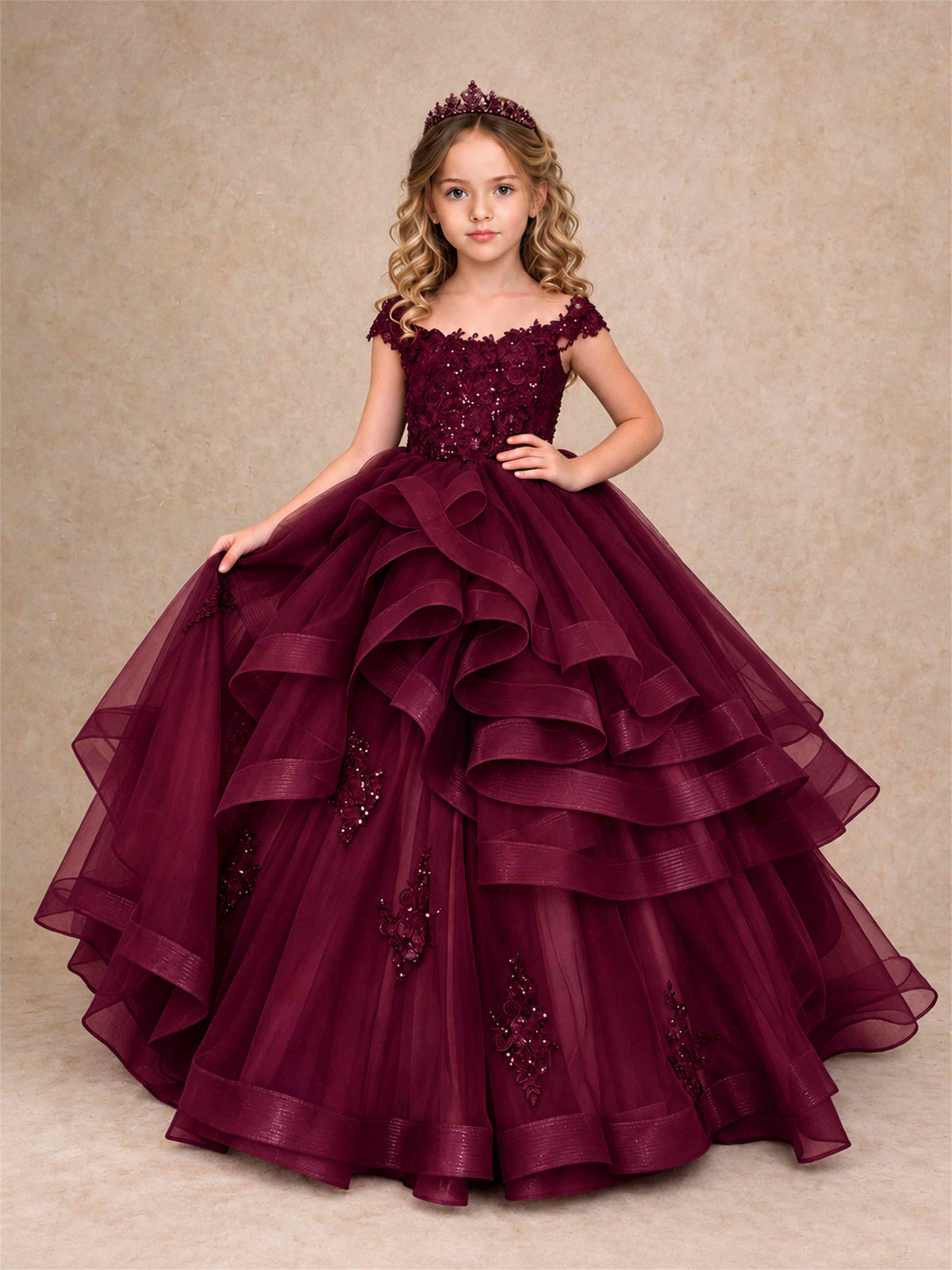 Off Shoulder Sequin Lace Ruffled Tulle Girls Pageant Dresses Formal Wedding Princess Gown