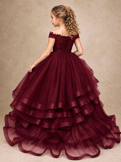 Off Shoulder Sequin Lace Ruffled Tulle Girls Pageant Dresses Formal Wedding Princess Gown