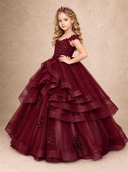 Off Shoulder Sequin Lace Ruffled Tulle Girls Pageant Dresses Formal Wedding Princess Gown