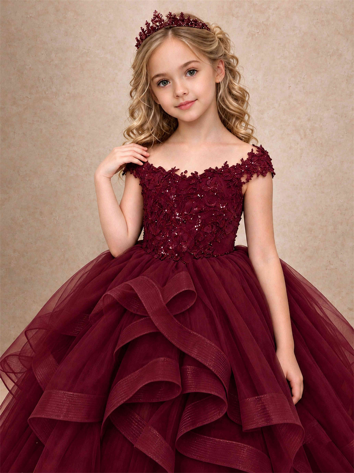 Off Shoulder Sequin Lace Ruffled Tulle Girls Pageant Dresses Formal Wedding Princess Gown