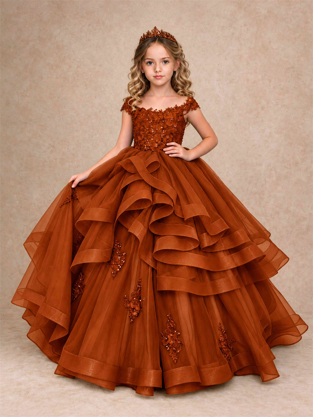 Off Shoulder Sequin Lace Ruffled Tulle Girls Pageant Dresses Formal Wedding Princess Gown