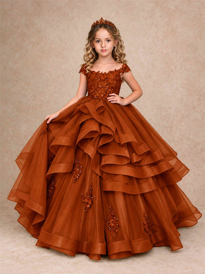 Off Shoulder Sequin Lace Ruffled Tulle Girls Pageant Dresses Formal Wedding Princess Gown