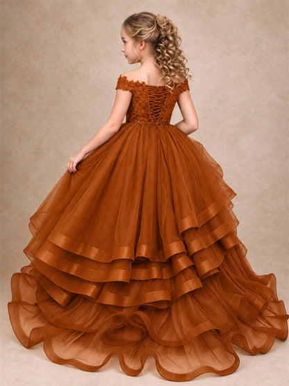 Off Shoulder Sequin Lace Ruffled Tulle Girls Pageant Dresses Formal Wedding Princess Gown