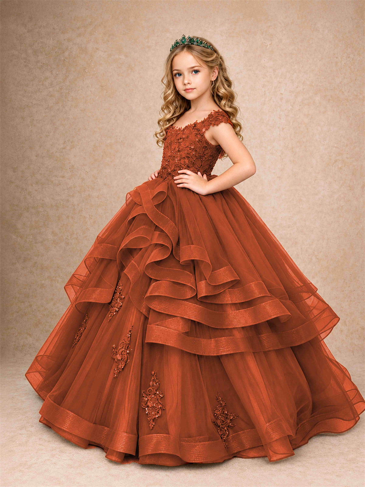 Off Shoulder Sequin Lace Ruffled Tulle Girls Pageant Dresses Formal Wedding Princess Gown