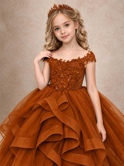 Off Shoulder Sequin Lace Ruffled Tulle Girls Pageant Dresses Formal Wedding Princess Gown