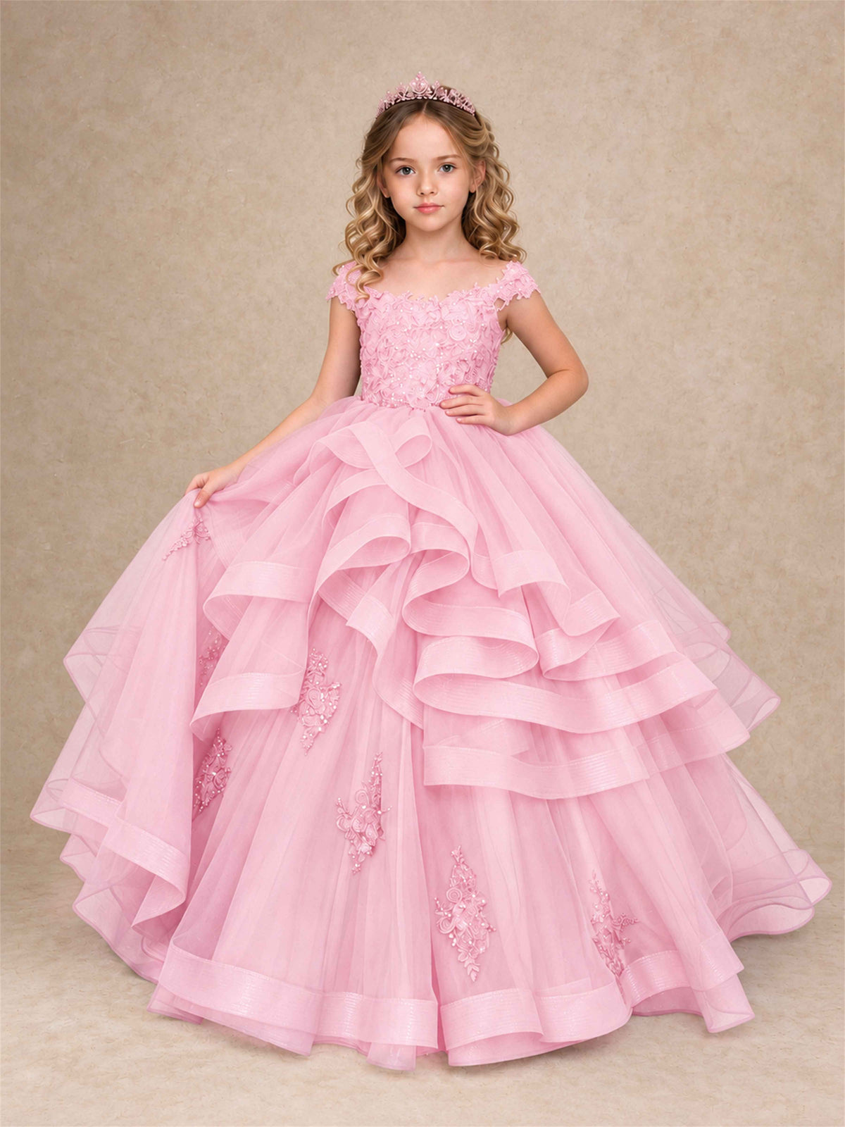 Off Shoulder Sequin Lace Ruffled Tulle Girls Pageant Dresses Formal Wedding Princess Gown