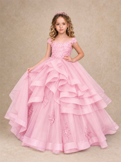 Off Shoulder Sequin Lace Ruffled Tulle Girls Pageant Dresses Formal Wedding Princess Gown