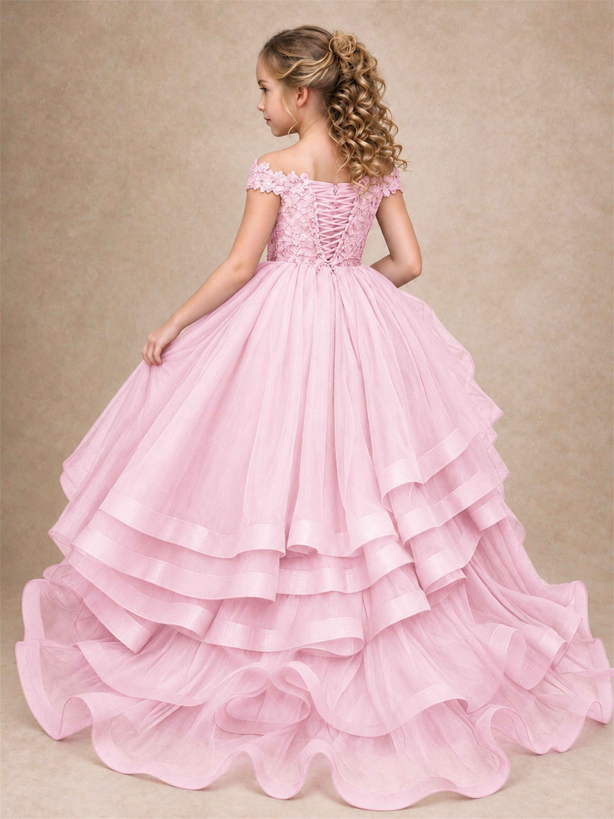 Off Shoulder Sequin Lace Ruffled Tulle Girls Pageant Dresses Formal Wedding Princess Gown