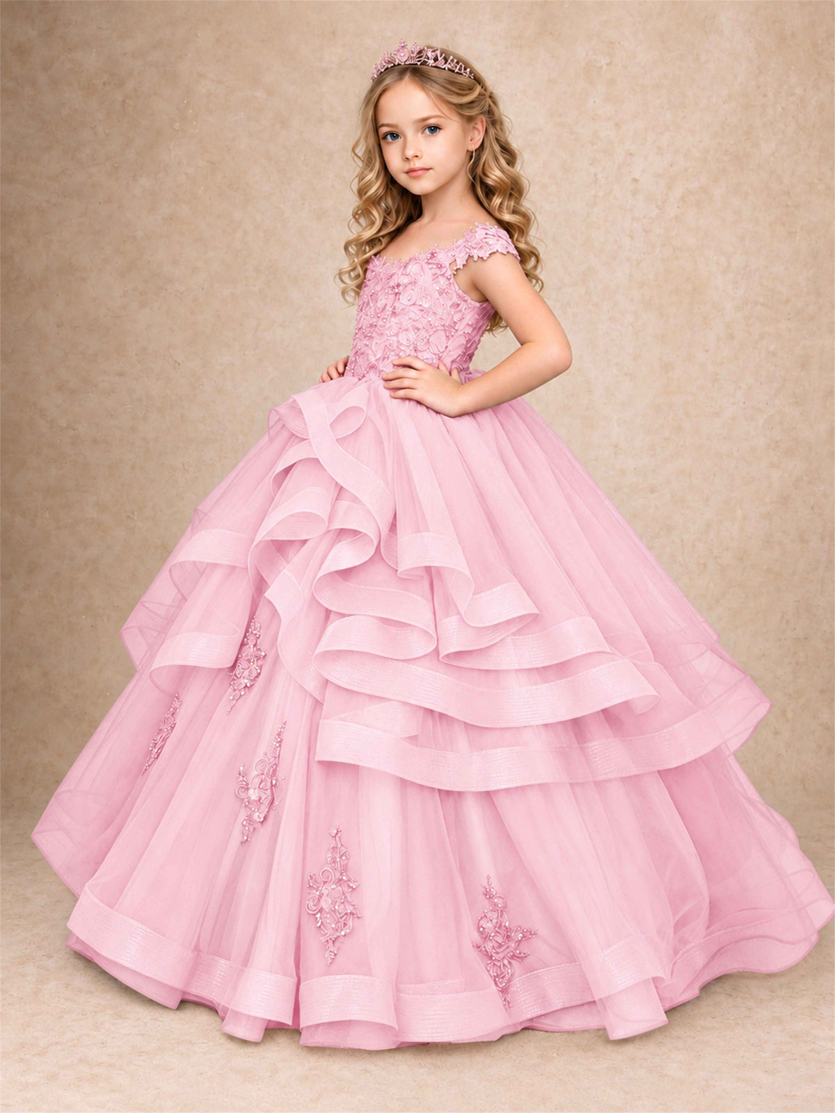 Off Shoulder Sequin Lace Ruffled Tulle Girls Pageant Dresses Formal Wedding Princess Gown