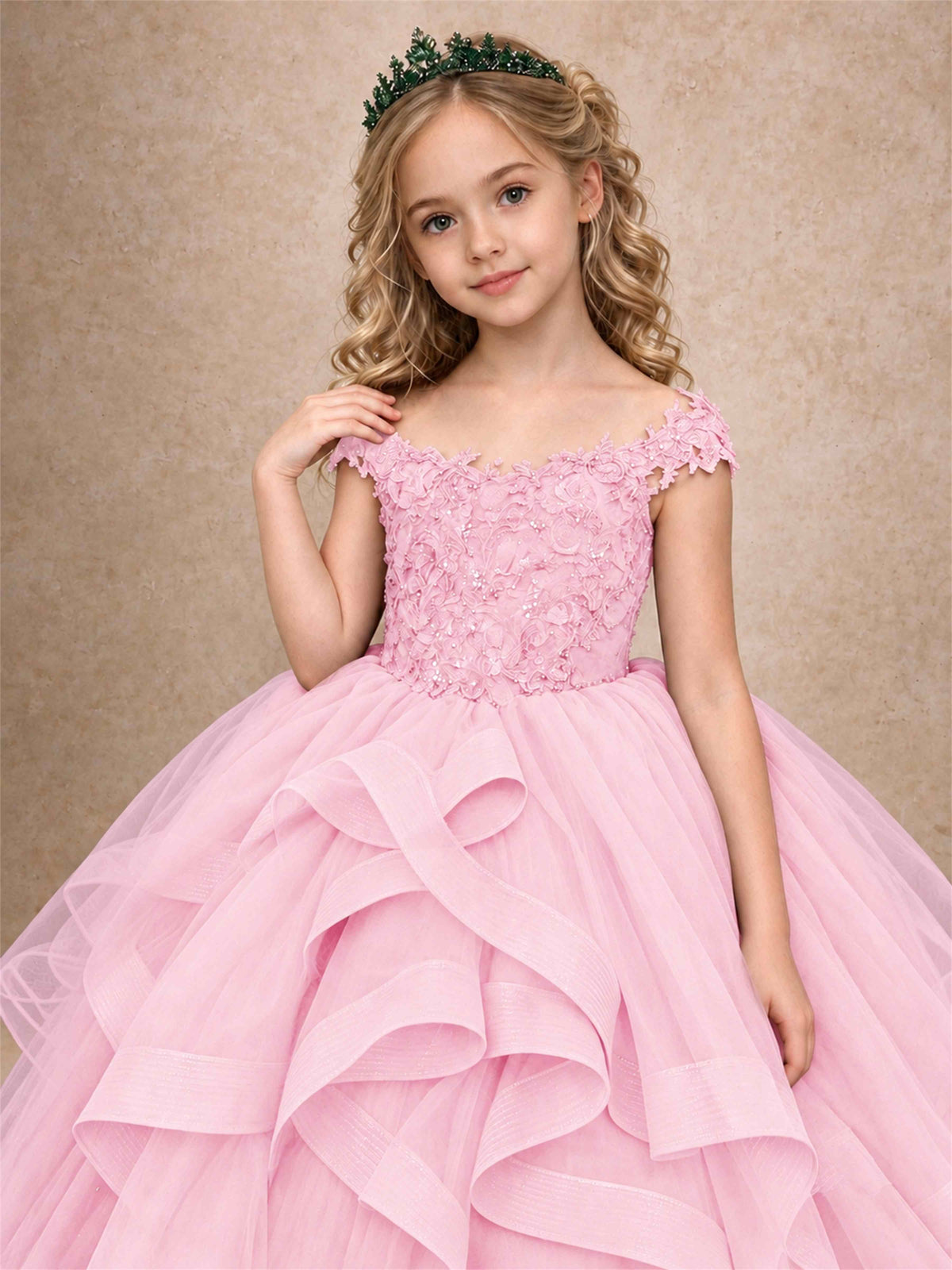 Off Shoulder Sequin Lace Ruffled Tulle Girls Pageant Dresses Formal Wedding Princess Gown