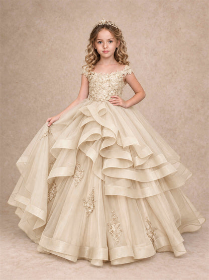 Off Shoulder Sequin Lace Ruffled Tulle Girls Pageant Dresses Formal Wedding Princess Gown