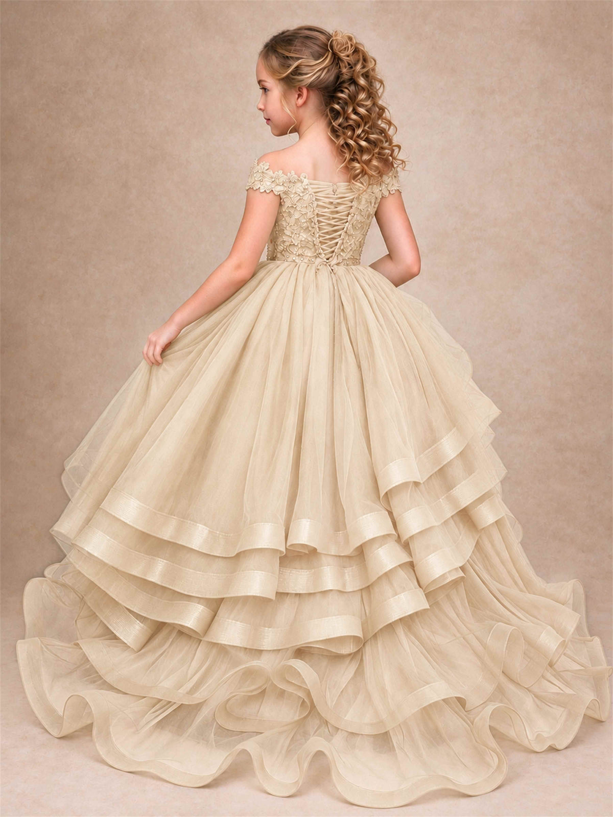 Off Shoulder Sequin Lace Ruffled Tulle Girls Pageant Dresses Formal Wedding Princess Gown