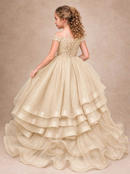 Off Shoulder Sequin Lace Ruffled Tulle Girls Pageant Dresses Formal Wedding Princess Gown