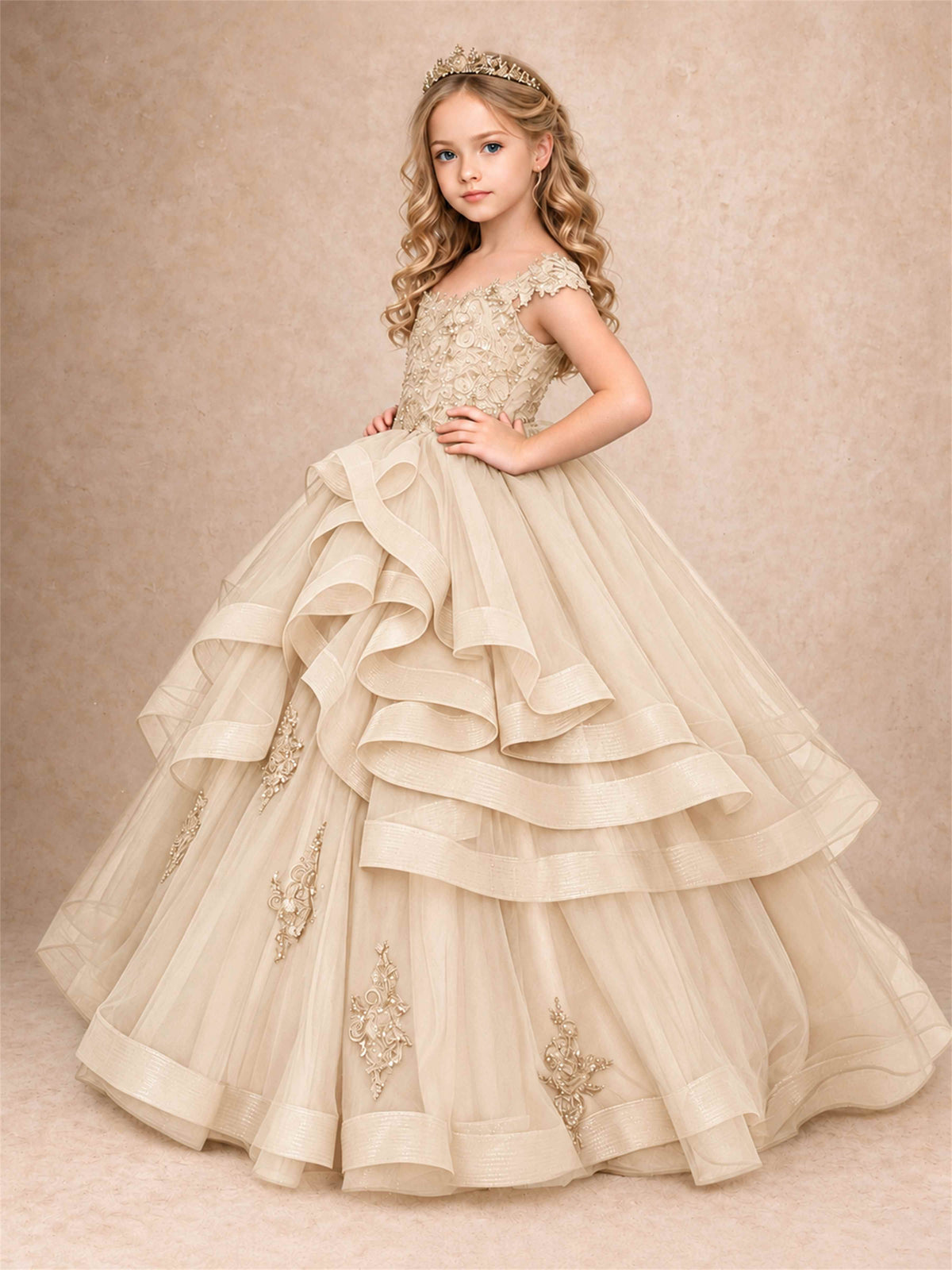 Off Shoulder Sequin Lace Ruffled Tulle Girls Pageant Dresses Formal Wedding Princess Gown