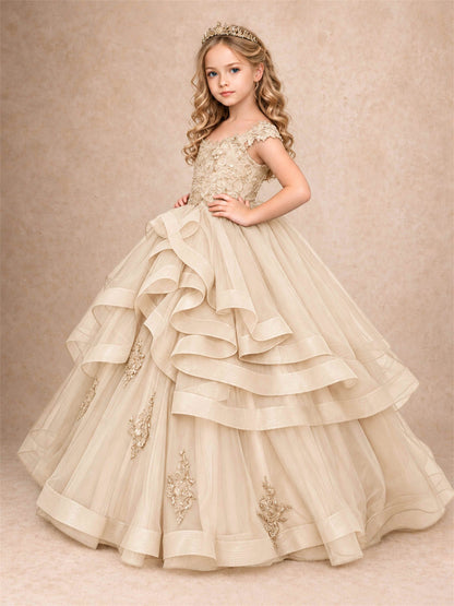 Off Shoulder Sequin Lace Ruffled Tulle Girls Pageant Dresses Formal Wedding Princess Gown