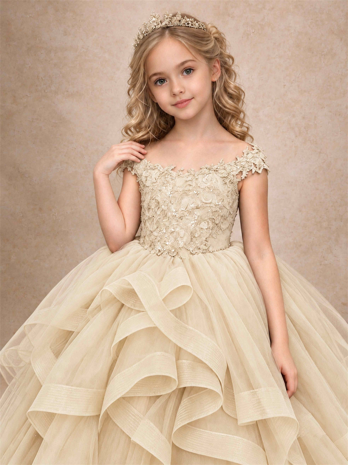 Off Shoulder Sequin Lace Ruffled Tulle Girls Pageant Dresses Formal Wedding Princess Gown