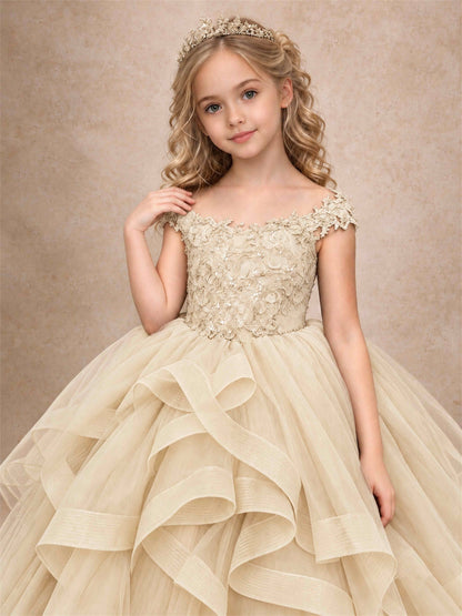 Off Shoulder Sequin Lace Ruffled Tulle Girls Pageant Dresses Formal Wedding Princess Gown