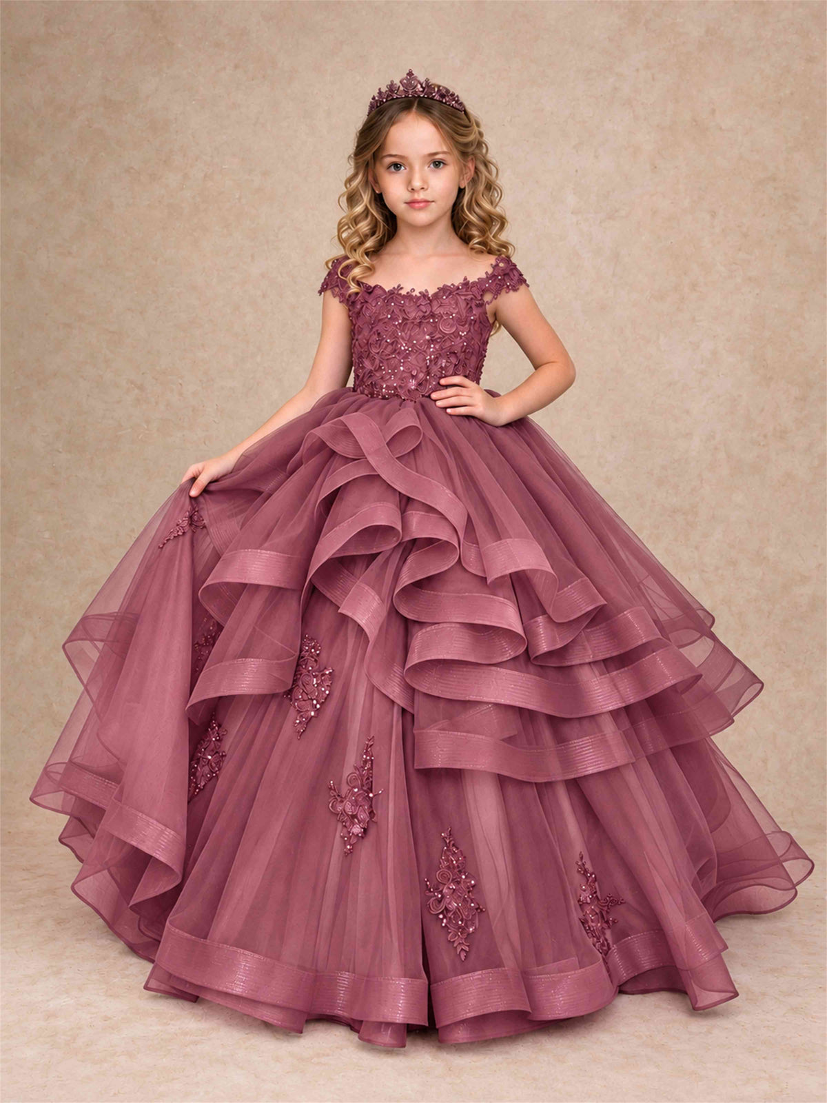 Off Shoulder Sequin Lace Ruffled Tulle Girls Pageant Dresses Formal Wedding Princess Gown